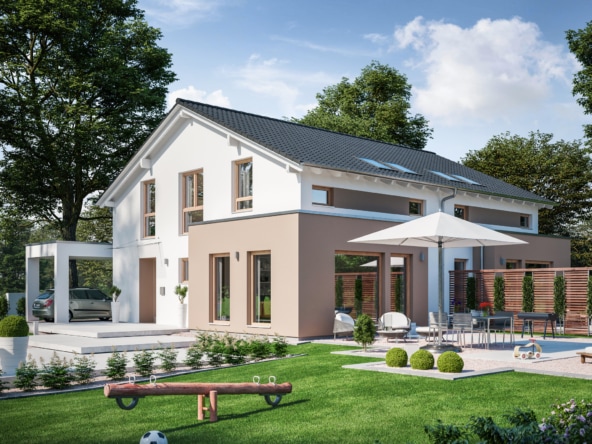 Zweifamilienhaus nebeneinander als Doppelhaus mit separaten Eingängen, Carport & Satteldach - Mehrgenerationenhaus bauen Ideen Fertighaus SOLUTION 242 V5 von Living Haus - HausbauDirekt.de