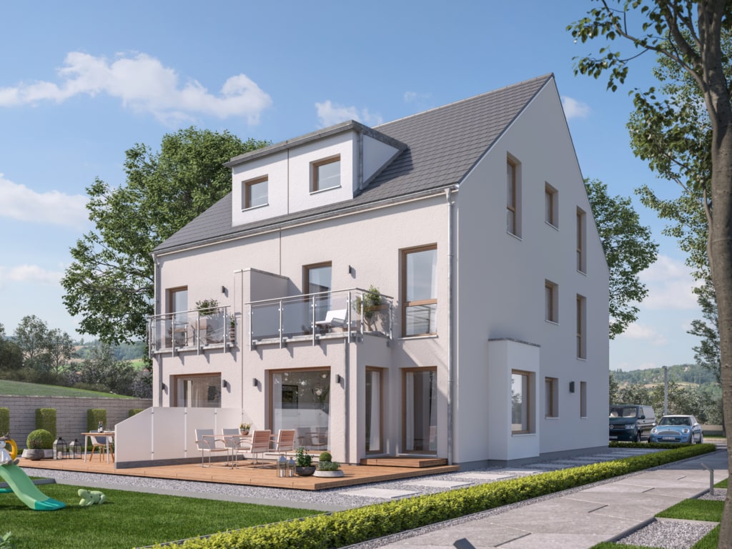Doppelhaus mit Pultdachgaube und Balkon SOLUTION 117 XL V4